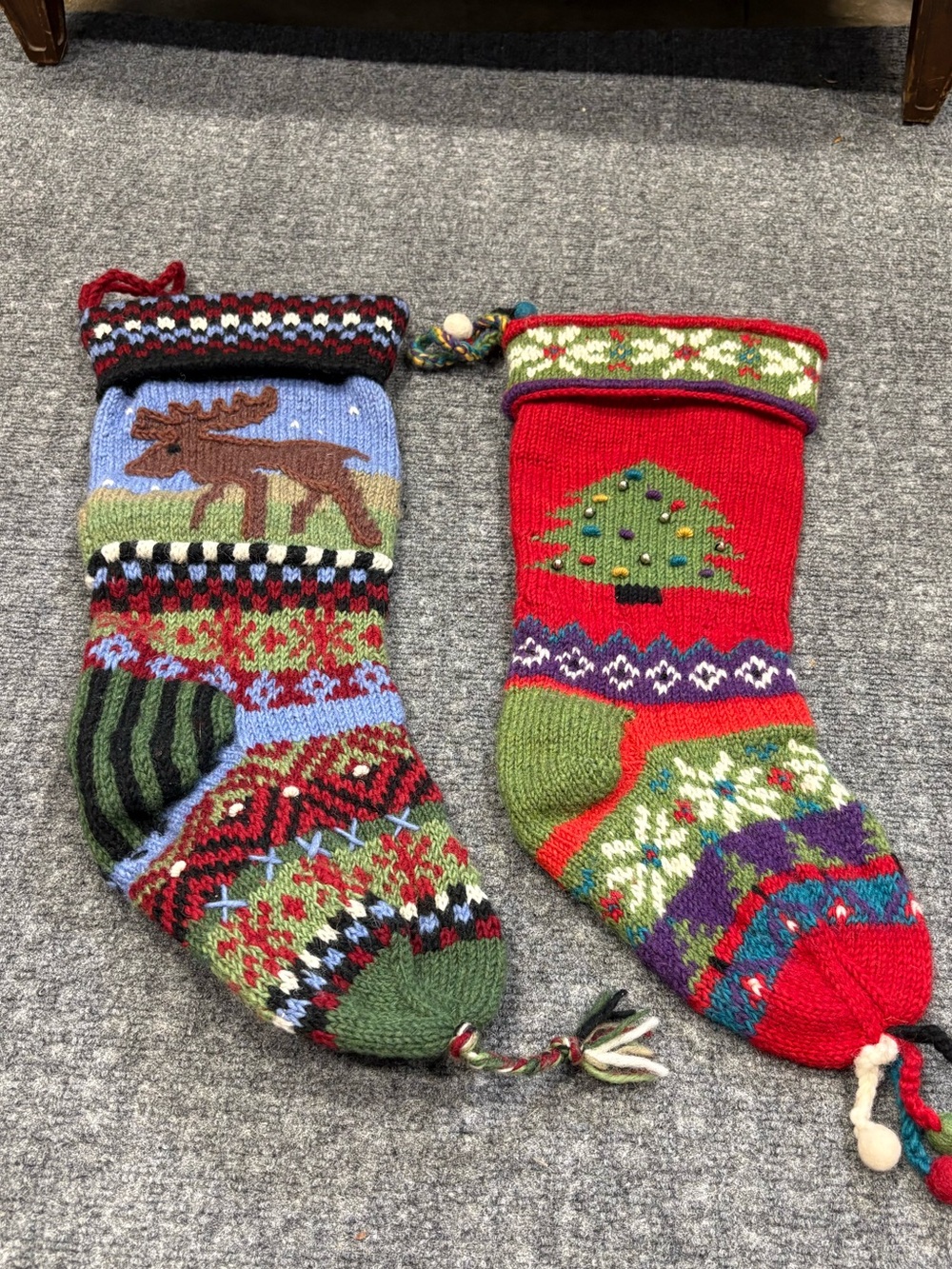 Festive Red & Green Hand Knit Holiday Stockings Wool Made in Nepal